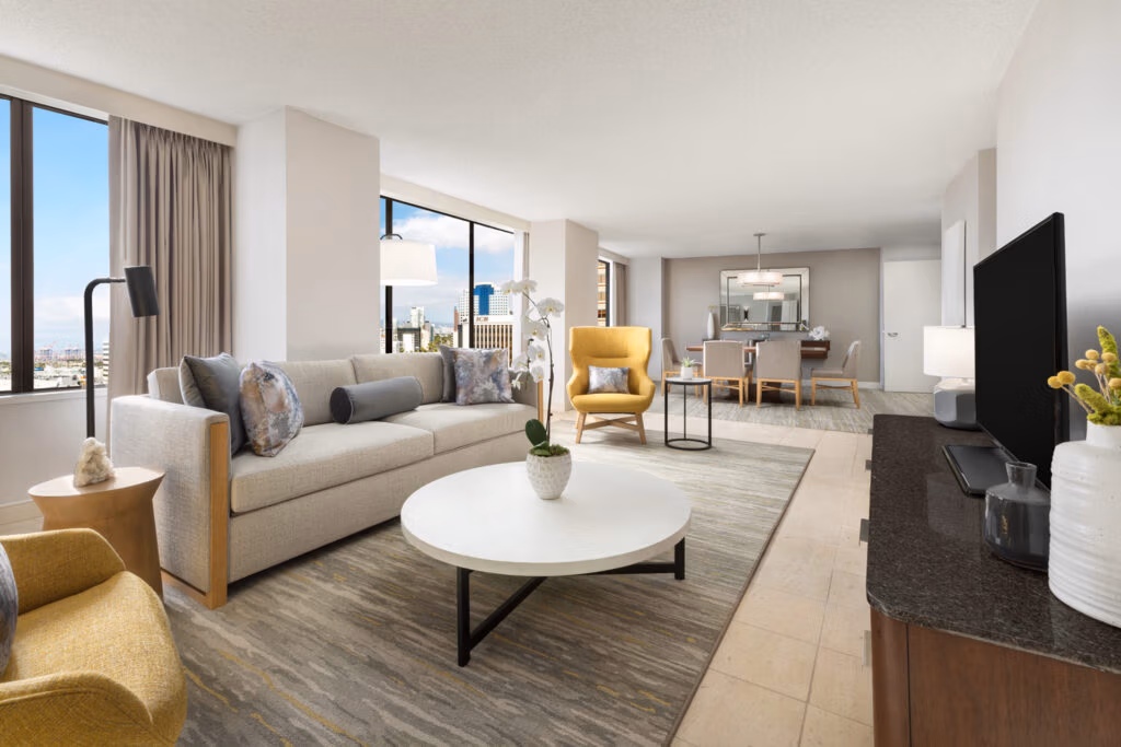 Stylish hotel suite interior with premium finishes and layout